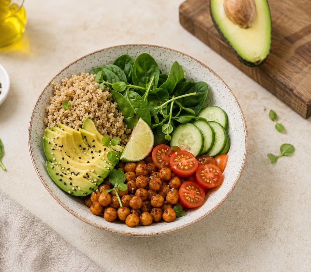 Bowl saludable con aguacate, quinoa, espinacas, garbanzos y tomates